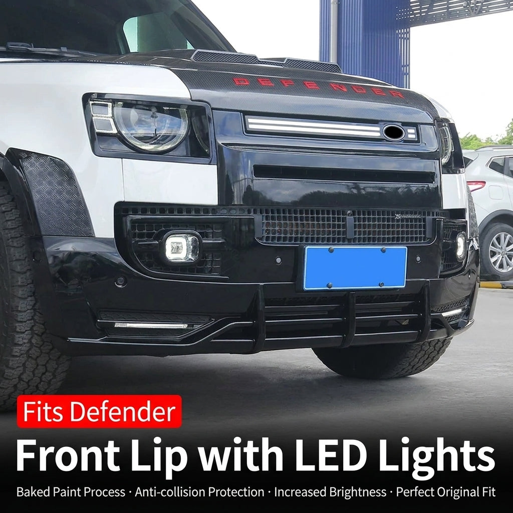 Product photo of Defender 90/110/130 LED Front Bumper Lip Spoiler - Gloss Black (2020–2026)